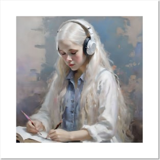 Blonde Girl With Headphones Reading Book B Posters and Art